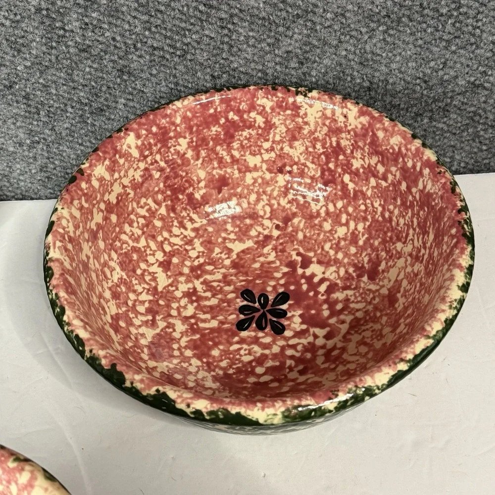 Set Of 3 Watermelon Sponge Ware Nesting Bowls Pottery
